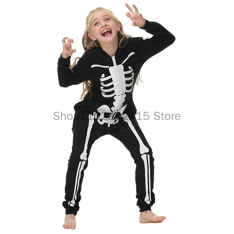 Halloween Carnival Outfit Family Costume Bone Skeleton Jumpsuit Cosplay Zipper Hooded Romper For Adult Kids Women Men Boy Girls