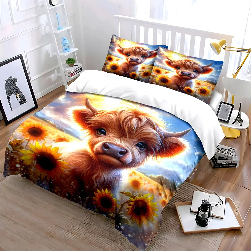 Calf and Sunflowers in Golden Sunlight Pattern Duvet Cover Set Digital Print Colorful Polyester Bedding with Zipper Closur