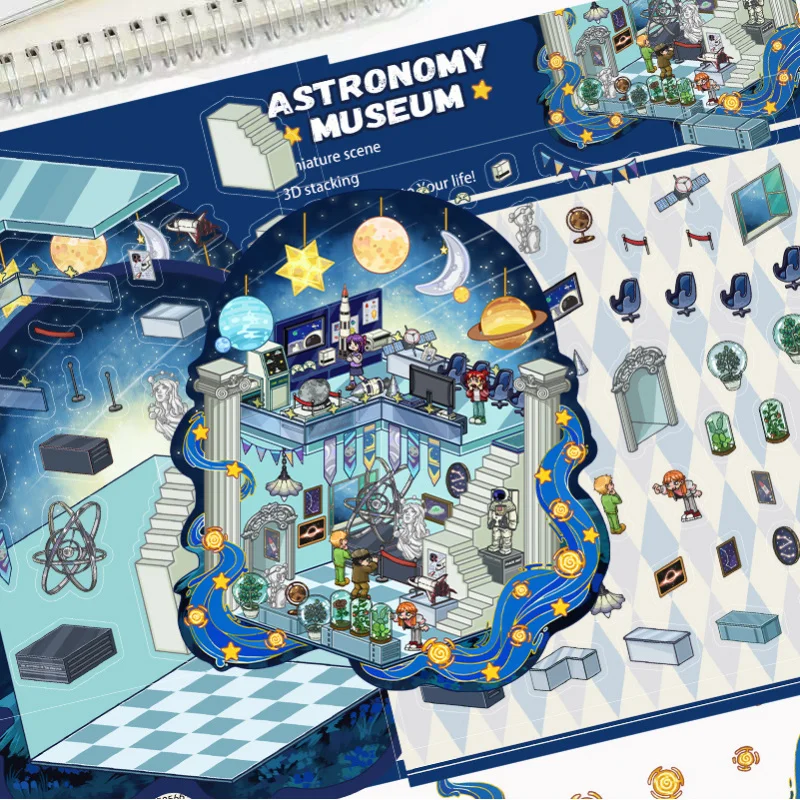 3pcs Landscape Stickers Astronomical Museum Miniature Scene 3D House Cartoon Handcrafted Landscape Stickers