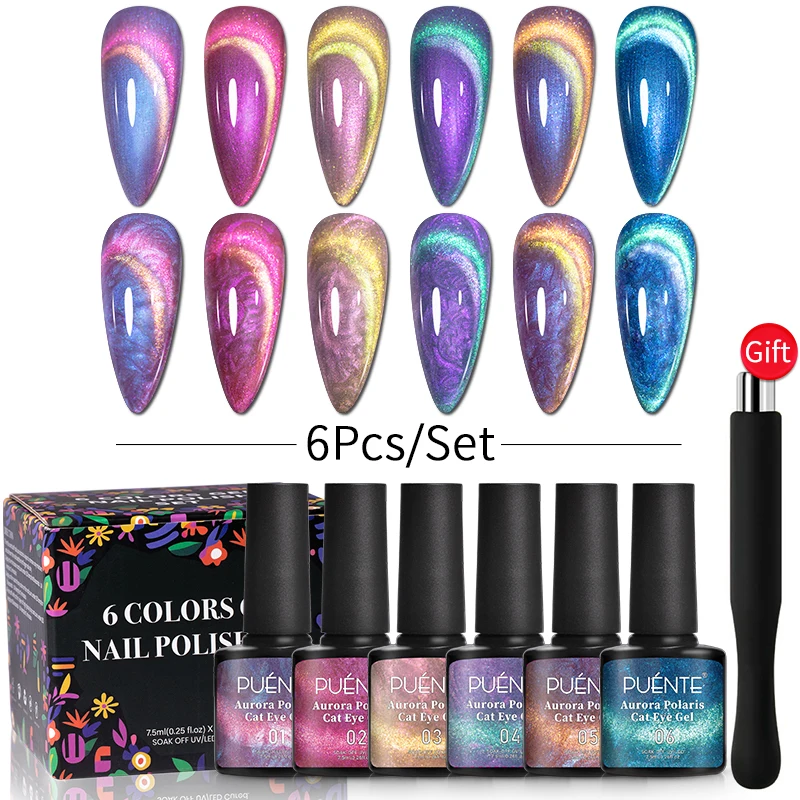 

PUENTE 6Pcs Aurora Shell Thread Cat Magnetic Gel Polish Set Sparkling Pearl Glitter Cat Eye Gel Soak Off UV Nail Art Varnish Kit
