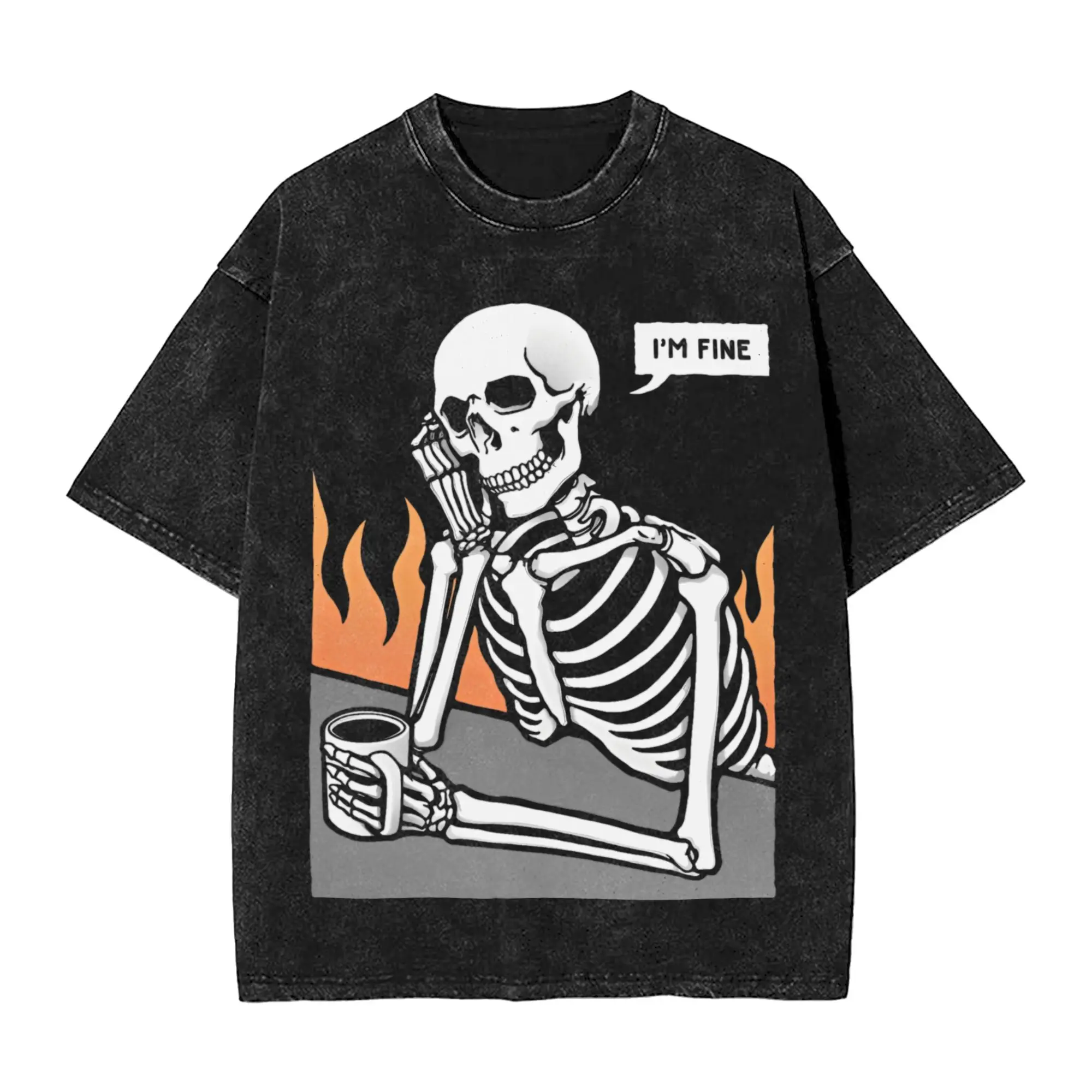 

Funny Skeleton I Am Fine Washed T-Shirt Male Vintage Cotton T-Shirts Summer O Neck Hipster Tee Shirt Loose Big Size Clothing