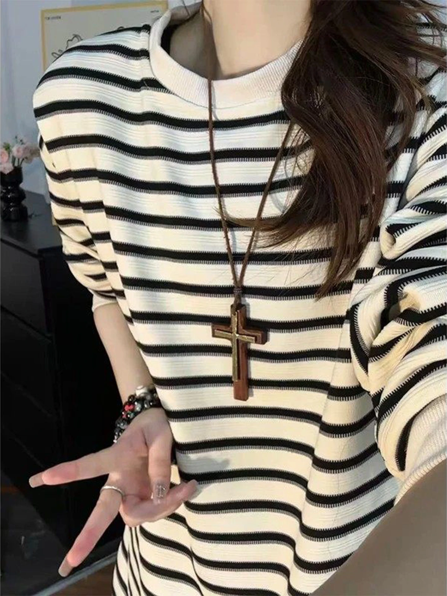 

American Stripe Fce Lined Hoodie ex Long Sve T irt Slim Fit Trendy White Inner Wear Base irt Casual Sle Spring