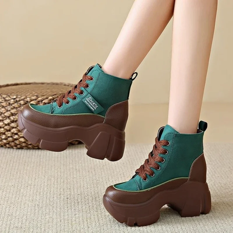 Spring autumn fashion short boots for women round toe lace-up sports Platform casual shoes wedge heel heightening women boots