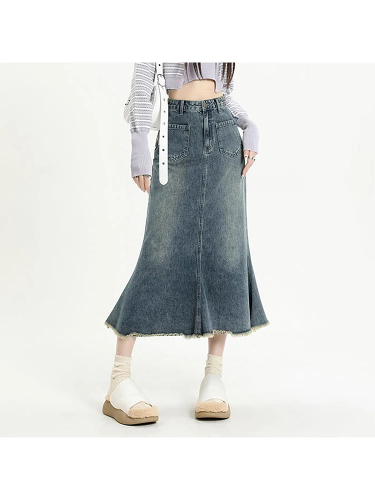 

Women Denim Skirts Vintage Female 2000s Streetwear Korean High Waist Skirts 90s Fashion Y2k Blue A-line Long Jean Skirt Clothes