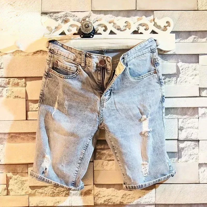 Short Jeans Pants for Men Knee Length Man Denim Shorts Buttons Slim Stretch Long Ripped Half Skinny Stretchable Wih Zipper Thin