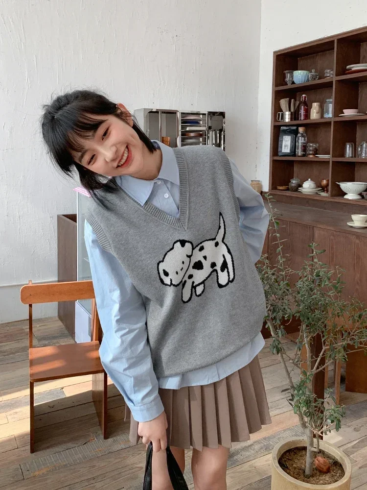 

Милые майки с японским рисунком собаки, Ropa Mujer, 2021, вязаный свитер в консервативном стиле, жилет, женская одежда, жилет без рукавов с v-образным вырезом