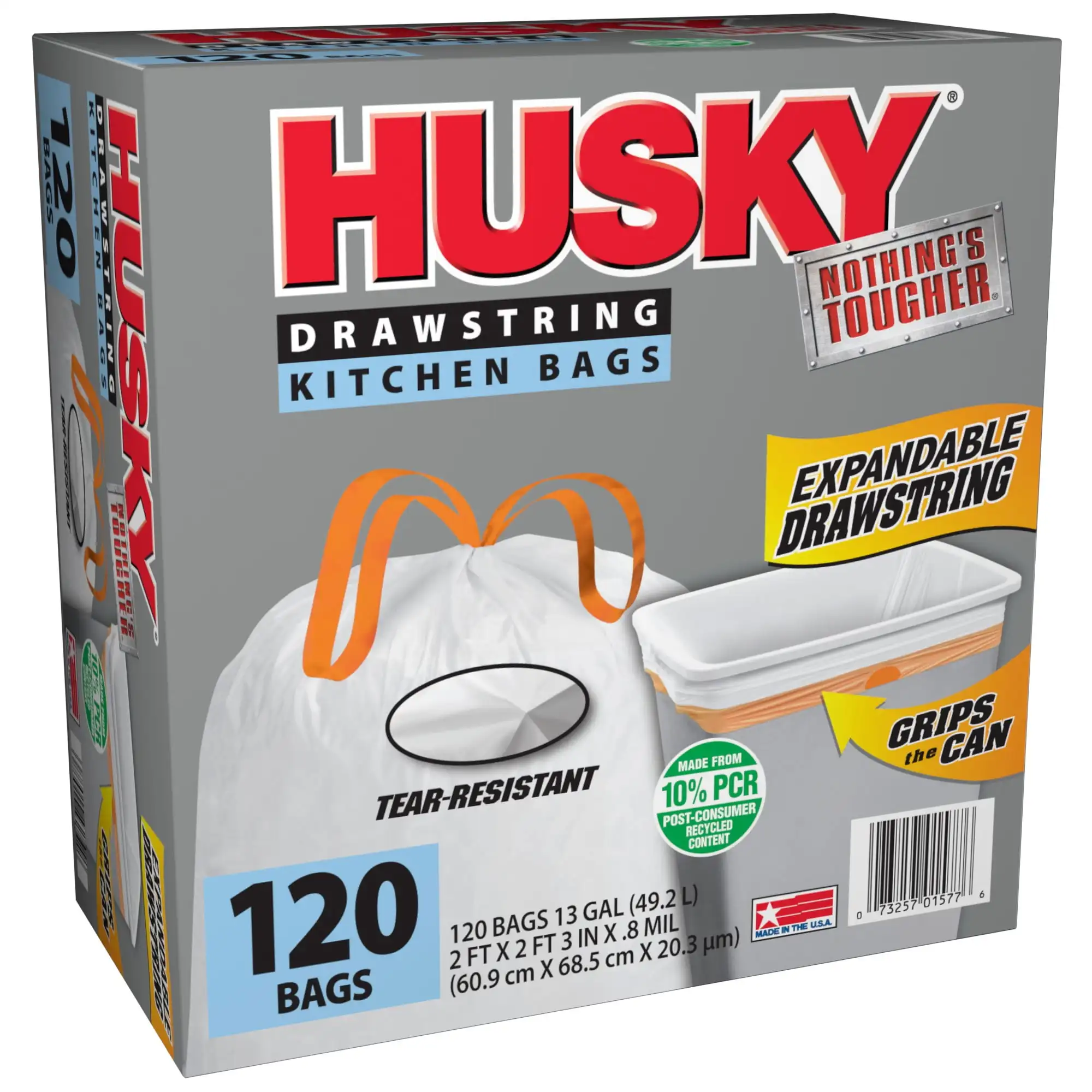 Tall Kitchen White Trash Bags 13 Gallon 120 Bags Expandable Drawstring 10% PCR Easy To Use Expandable Drawstring