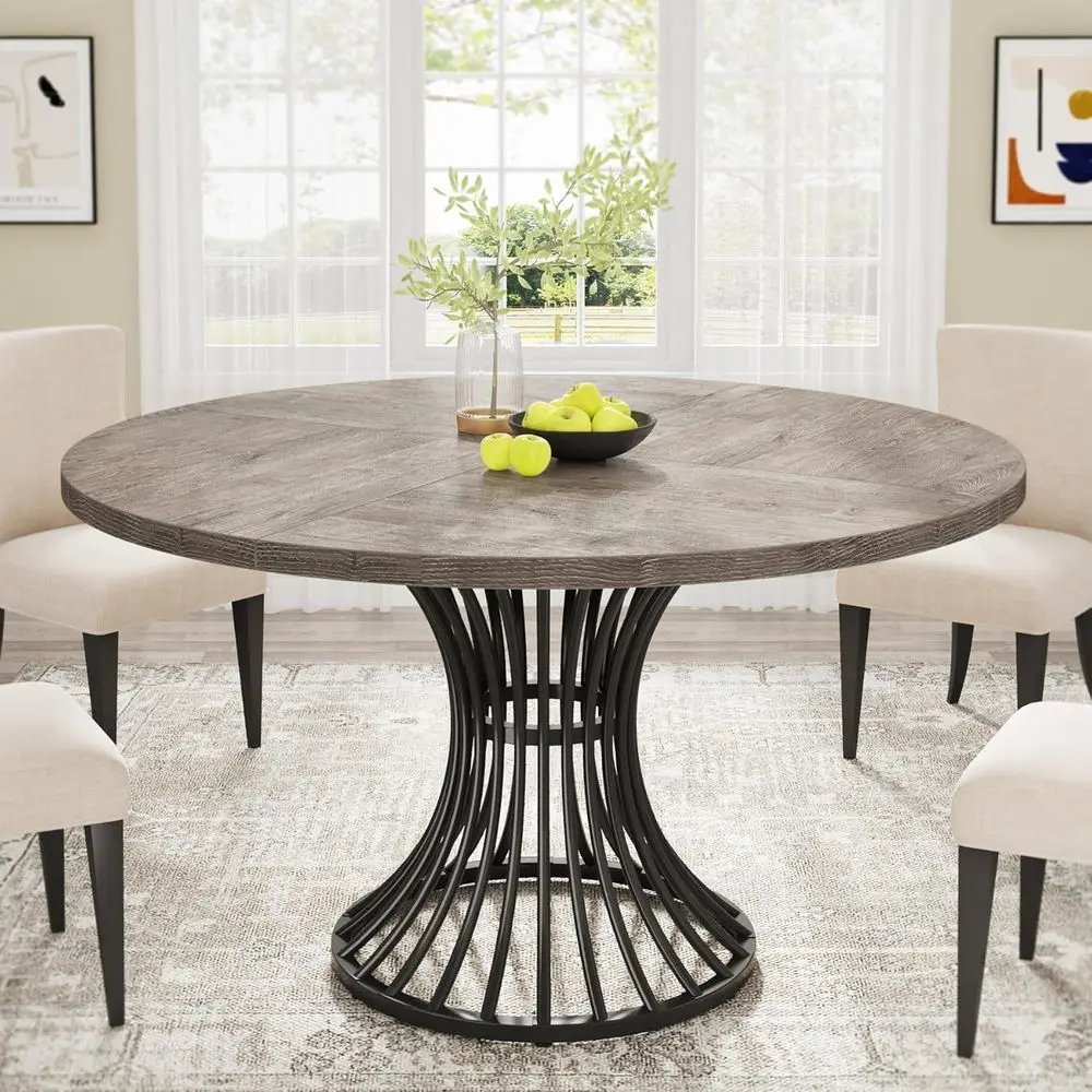 

Metal Base, Round Dining Table With A Vintage Aesthetic In An Hourglass Shape