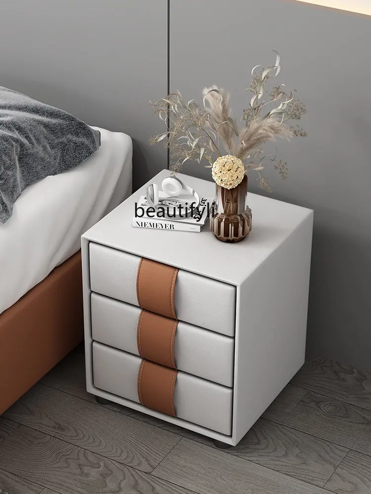 Bedside Table Modern Minimalist Bedroom Storage Nordic Solid Wood Leather Italian Style Storage Three Commode
