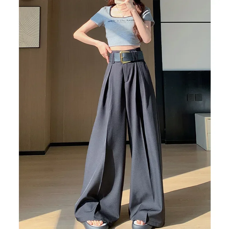 팝 여성 와이드 레그 수트 팬츠 2025년 봄 캐주얼 루즈 드레이피 트렌디 하이웨이스트 슬리밍 플로어 기장 트라우저