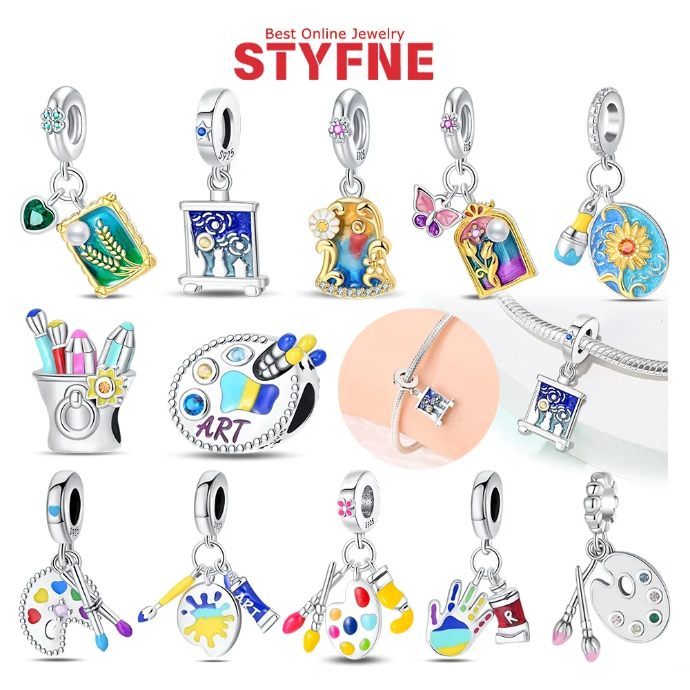 

Original Silver 925 Charm Bead Color Painting Pen Tray Starry Sky Pendant Fit Original Bracelet Women Jewelry Birthday Gift DIY
