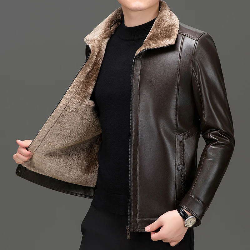 Stylish Men's Basic PU Leather Jackets Coffee Black Thick Fleece Down Padded Faux Fur Coat Turn Down Collar Smart Casual Look