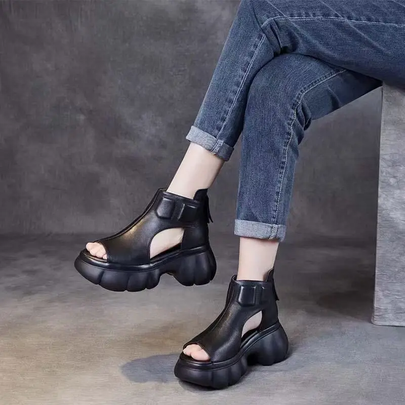 Women Leather High Top Wedges Peep Toe Sandals Summer New Thick Sole Lightweight Breathable Casual Beach Sandals Ankle Cool Boot - view 3