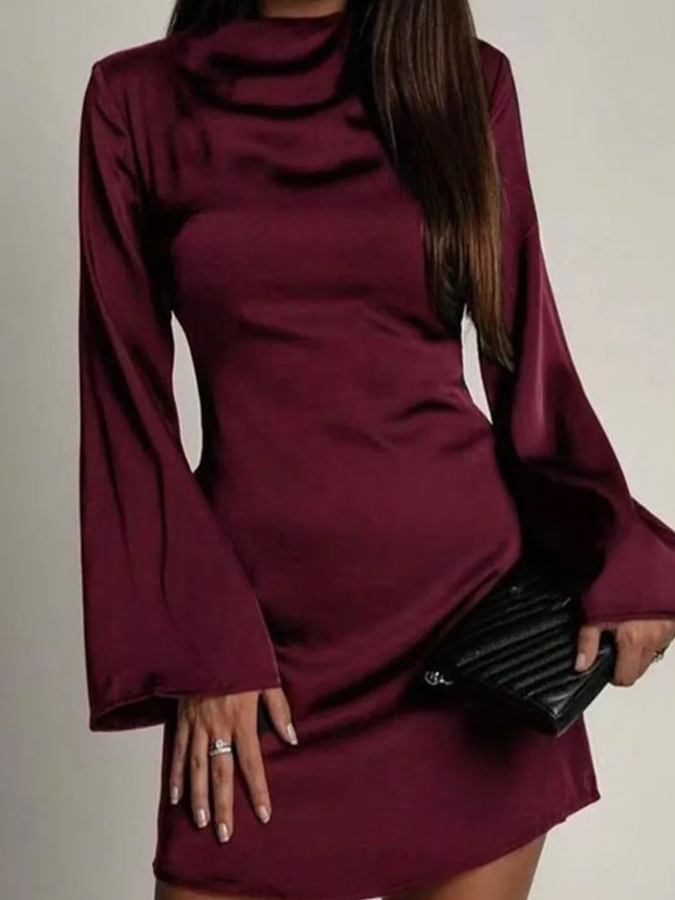 เดรสลำลองแขนยาวทรงเอสำหรับผู้หญิง แฟชั่นเอวสูงทรงเข้ารูป มินิเดรสหรูหรา คอทรงโอ ผูกเชือก ผ้าซาตินสีพื้น สำหรับงานปาร์ตี้