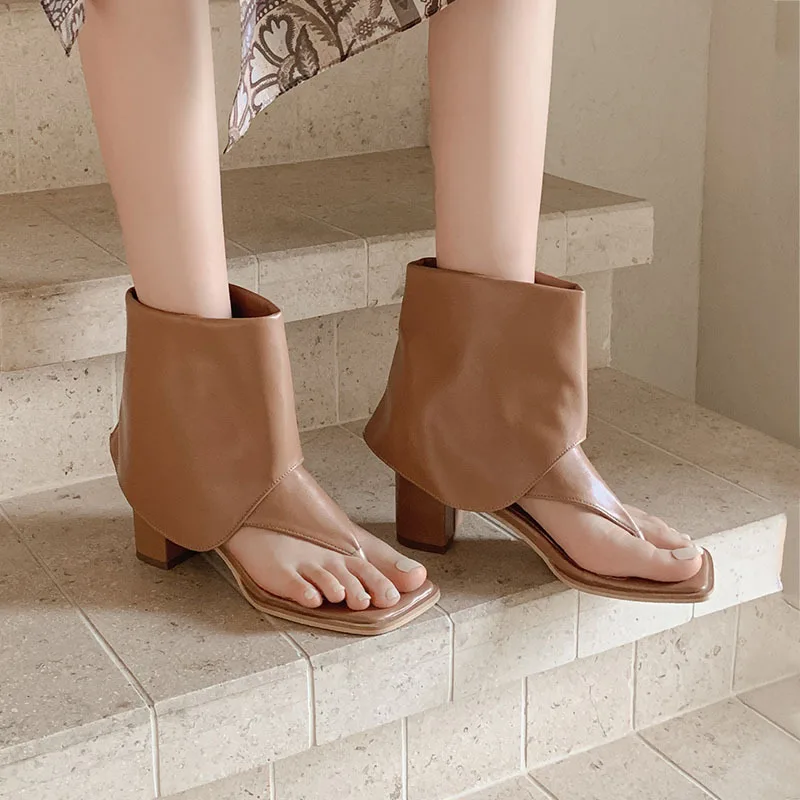 

Arden Furtado Summer Microfiber Pinch Toe Turned-over Edge Short boots Square toe slip-on Chunky heels Cool boots Large size