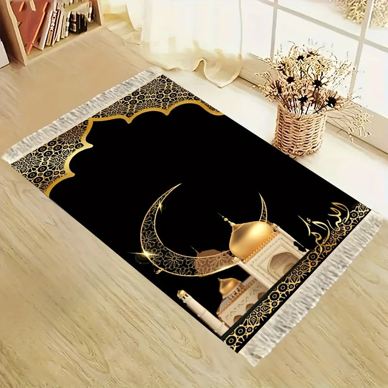 

Молитвенный коврик VIKAMA Black Gold Crescent Gilded Dome: Роскошный исламский коврик для намаза с золотым куполом и белыми кистями для дома и спальни