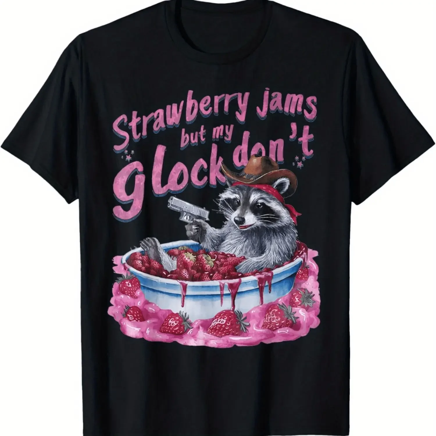Loose Shortsleeve Tshirt Top Garment, Sports & Outdoor Playful Raccoon Cowboy Graphic Tee With Strawberry Jams And Toy Gun Accents, Casual