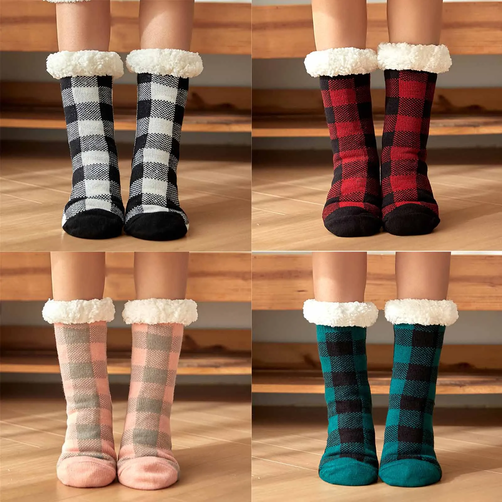 Christmas Fuzzy Fluffy Socks Women Winter Plush Soft Floor Female Anti Slip Non Grip Slippers Short Sock Plaid 2024 New Gift