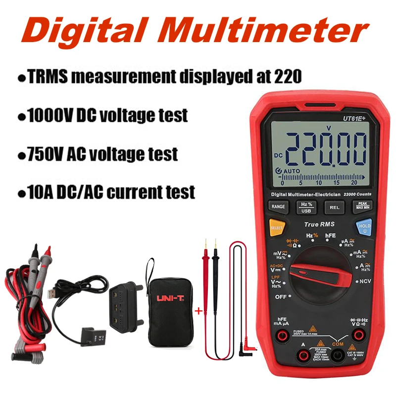 UT61E+ Digital Multimeter 22000 Counts Display Smart Professional Digital Multimeter Tester Unit True RMS Auto Range DC AC 1000V