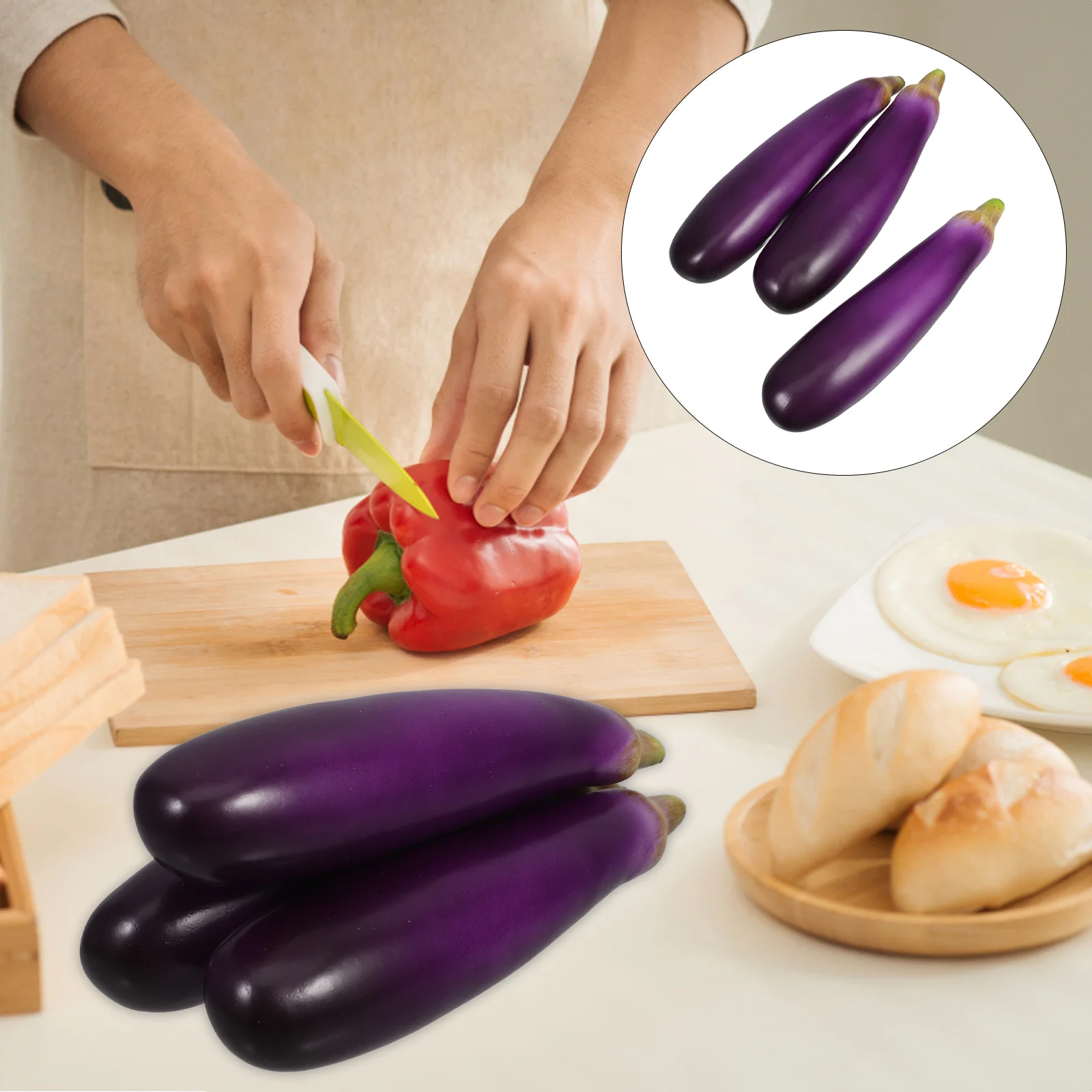 

3pcs Artificial Eggplants Simulation Food Decorative Faux Vegetables For Home Kitchen Office Desk Party Centerpiece Halloween