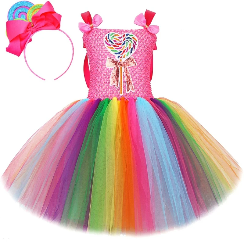 

Rainbow Candy Themed Tutu Dress Cute Lollipop Style Princess Outfit with Hairbow Toddler Girls Birthday Carnival Party Costume