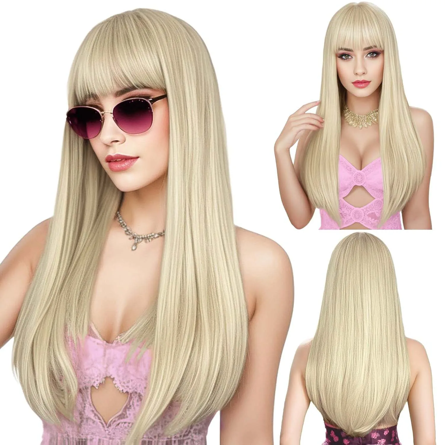 

Синтетические длинные прямые парики с челкой, термостойкий женский парик для повседневной вечеринки, Рождества, Хэллоуина, 22 дюйма (черный, коричневый, светлый)