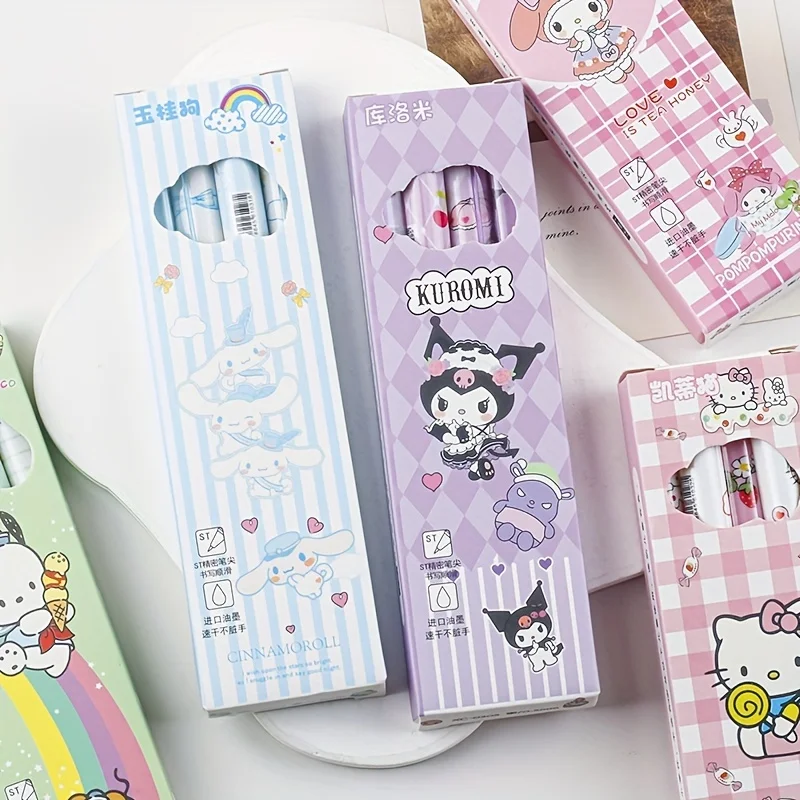 4PCS Sanrio Hello Kitty Kuromi Melody Cute Ballpoint Pen Neutral Pen Set Quick-dry 0.5mm Black Ink Stationery Gift