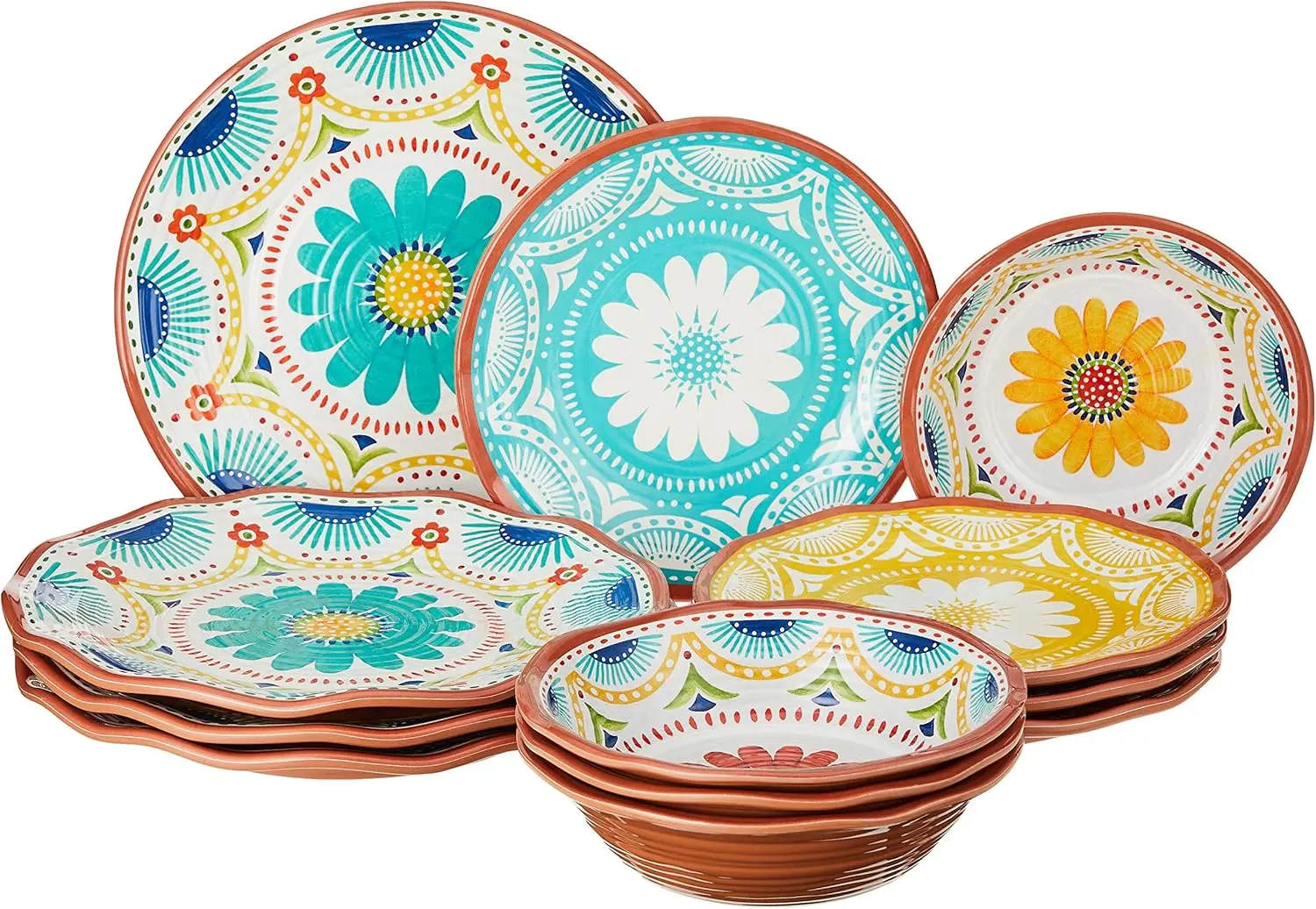 

Melamine 12 pc Dinnerware Set,4 each: 10.5" dinner plates, 8.5" Salad/dessert plates, 7.5"X2" all purpose bowls