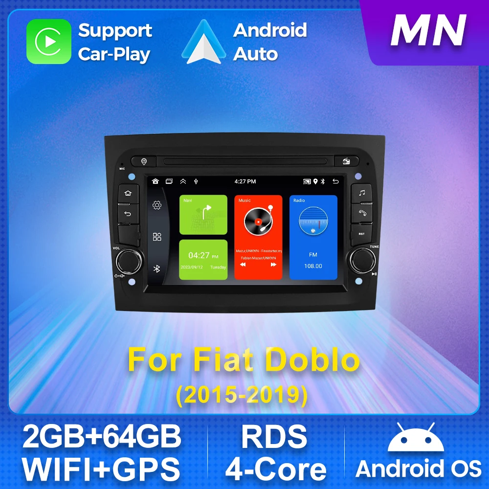 7 Inch Android Car Head Unit 4-Core 64GB ROM WIFI GPS RDS SWC FM Radio Wireless CarPlay Android Auto For Fiat Doblo 2015-2019