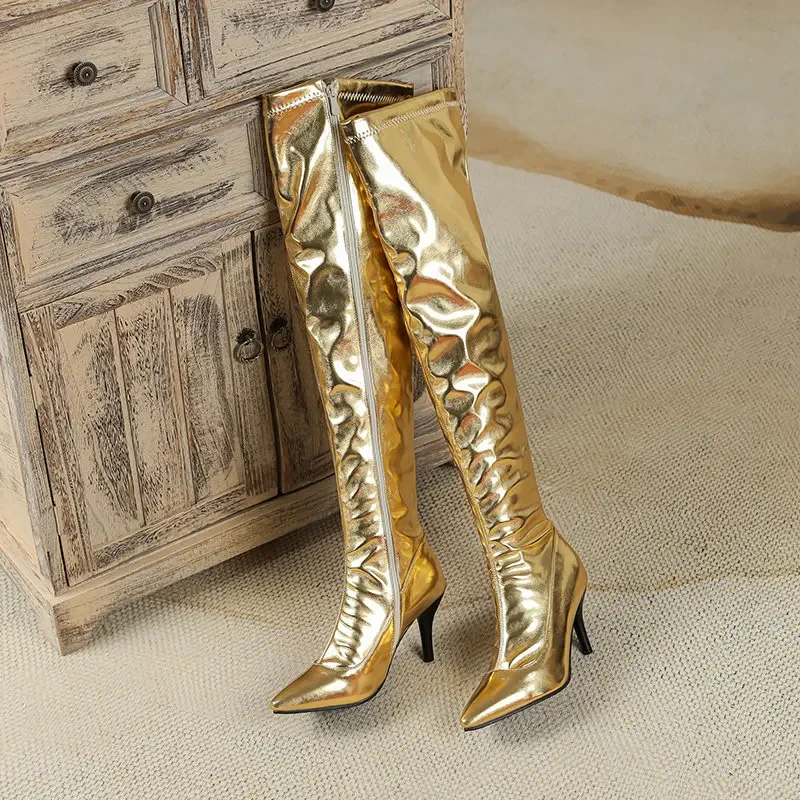 Over-the-knee Boots Big Size 48 Patent Leather Gold Silver Pointed Toe Stiletto High Heels Inner Zip Shiny Party Long Boots 13-7 - view 5