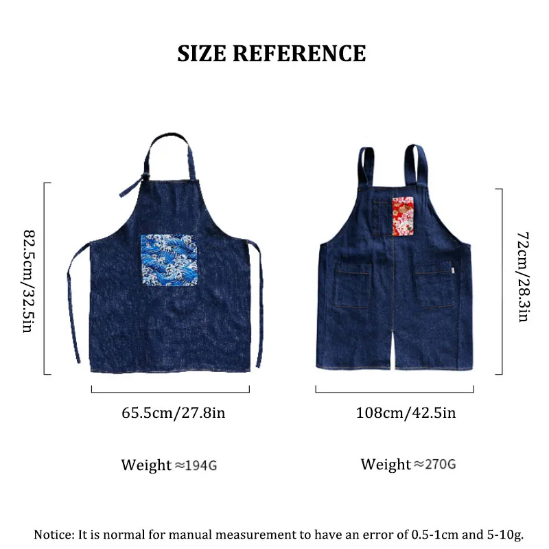 Celemek dapur katun gaya Jepang, celemek dapur Denim dengan saku tahan aus, pakaian kerja dapur katering, celemek memasak memanggang Barista