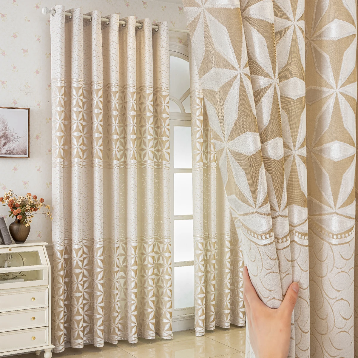 1-Piece Beige Geometric Velvet Embroidered Perforated Curtain for Living Room and Bedroom, Rod Pocket Hanging Method, Non-Bleachable Plain Weave, Bedroom Art Theme, Soft and Comfortable, Energy-Saving, Noise-Reducing - Perfect for Deep Sleep in Bedrooms, Farmhouses, and Schools