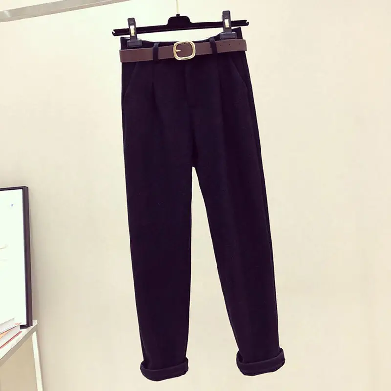 Korean Style Belt Decoration Vintage Jacket Blazer Flocked Casual Pants Two-piece Elegant Women\'s Office Pants Suit