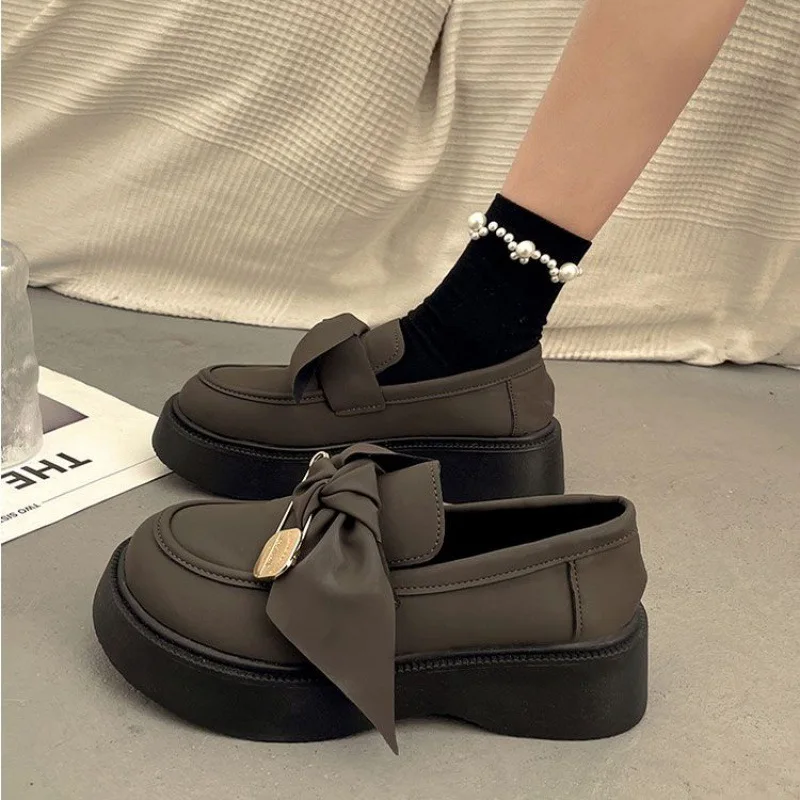 2023 nowy brytyjski styl skórzane buty damskie na grubej podeszwie podwyższone buty Mary Jane kokardka buty na platformie Zapatos De Mujer