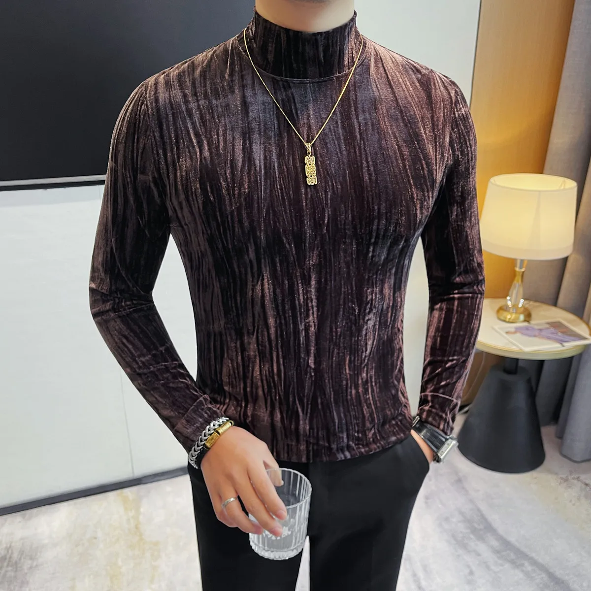 

Korean Style Half High Neck Gold Velvet Long Sleeved T-shirt Trendy Slim Fit Versatiles Textured Warm Casual Tee Tops 4XL-M