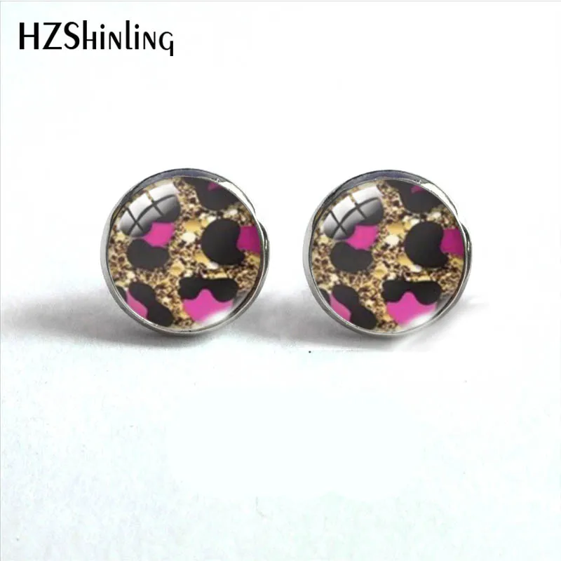 2023 New Animal Skin Leopard Pattern 12mm Round Stud Earrings Glass Cabochon Stud Earrings Handmade Ear Jewelry for Women