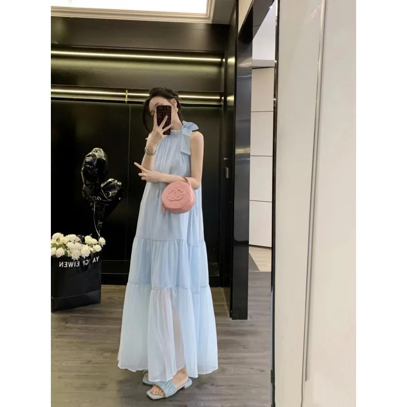 

Star Zhang Bichen Wht Same Blue Bow Halter Dress, Spaghetti Straps, Summer Dress, Seaside Vacation Skirt