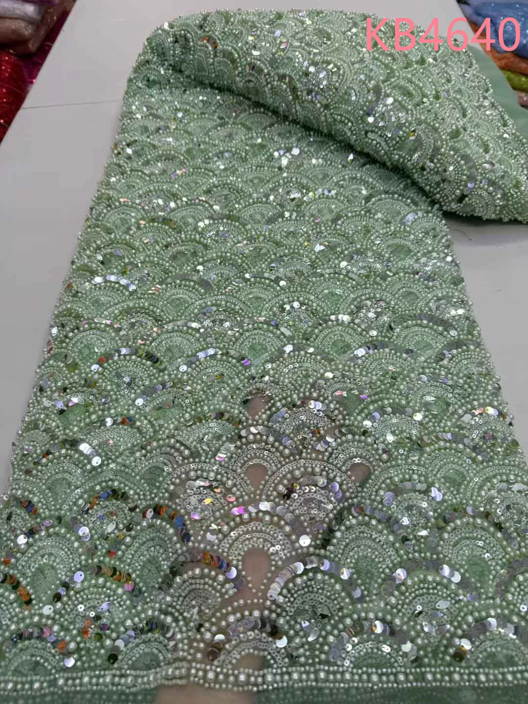 Handmade Pearl And Beads Embroidery Sequins For Women Sewing With Pearls Mint Green French Net Lace Fabric For Wedding KB4640