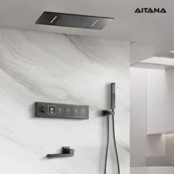 Luxury brass shower system with ceiling design, cold and hot LED digital display, constant temperature bathroom, hidden faucet