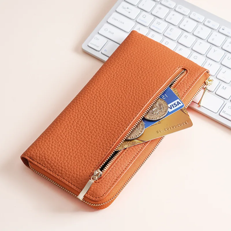 

Женский кошелек из натуральной кожи, длинный RFID-защитный кошелек для монет из воловьей кожи, ручной кошелек с несколькими слотами для карт для женщин
