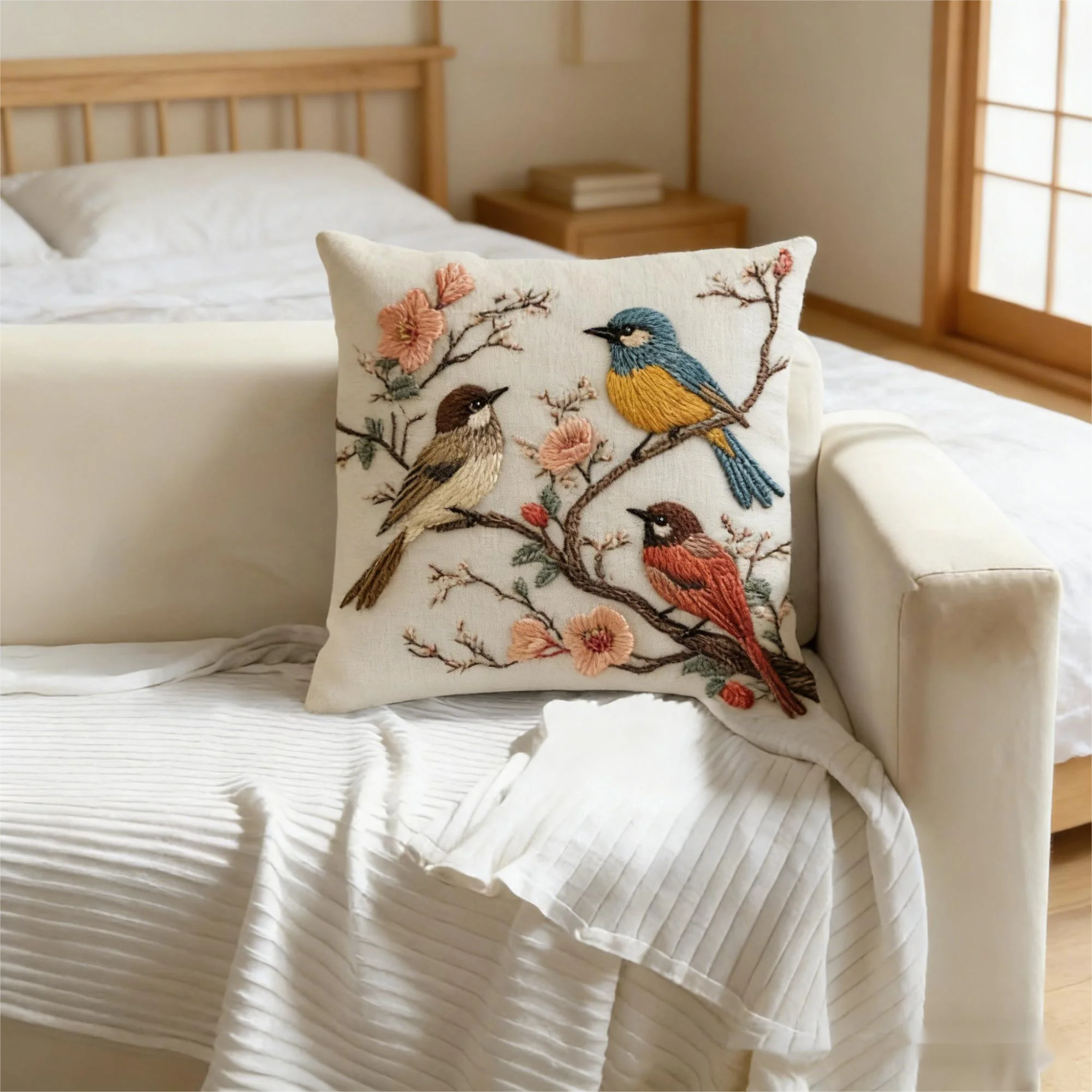Vintage Vogel-Blumen-Kissenbezug 2D-Druck Naturvogel auf Ast Kissenhülle für Sofa Bett Couch Boho Wohndekor