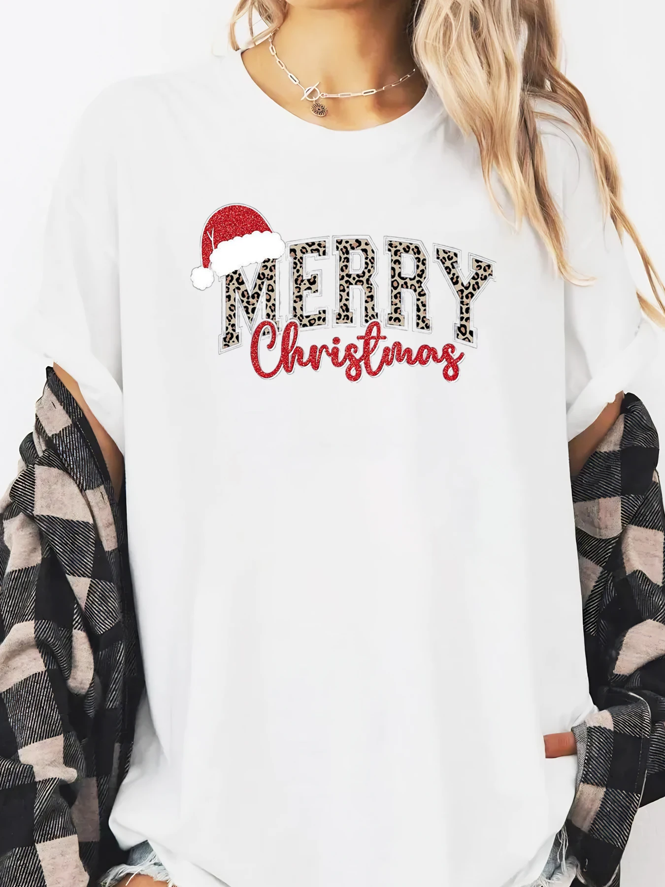 Vrolijk kerstfeest Luipaardprint Kerstmuts T-shirt met lange mouwen Dames Casual Vakantie Feestkleding Wit Plus-maat