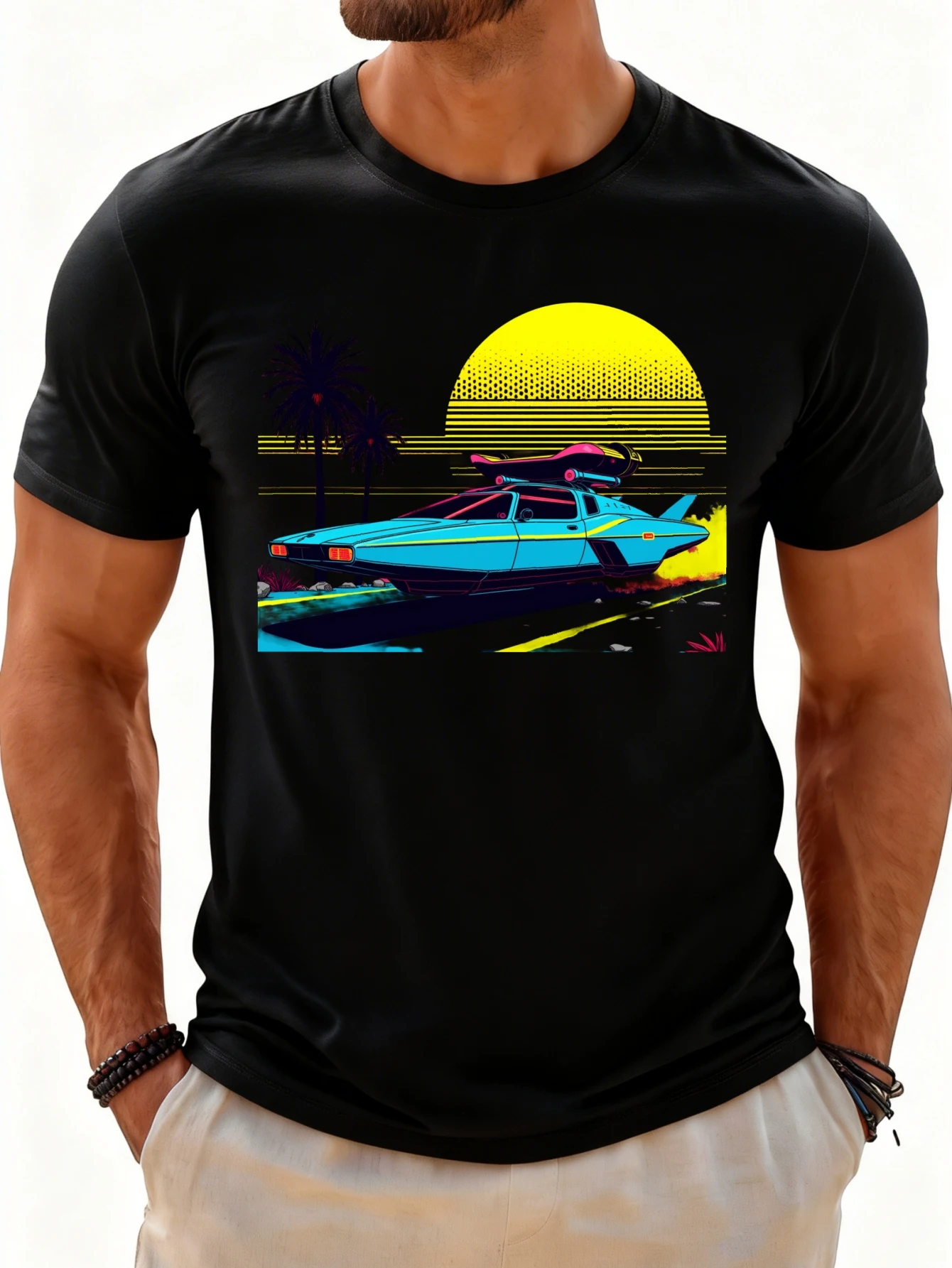 Retro Futuristic Style Men's T-Shirt Featuring Neon Cars and Sunset Scenes, Suitable for Summer Wear, Ideal for Trendy Men, a Gift for Tech Enthusiasts and 80S Lovers.