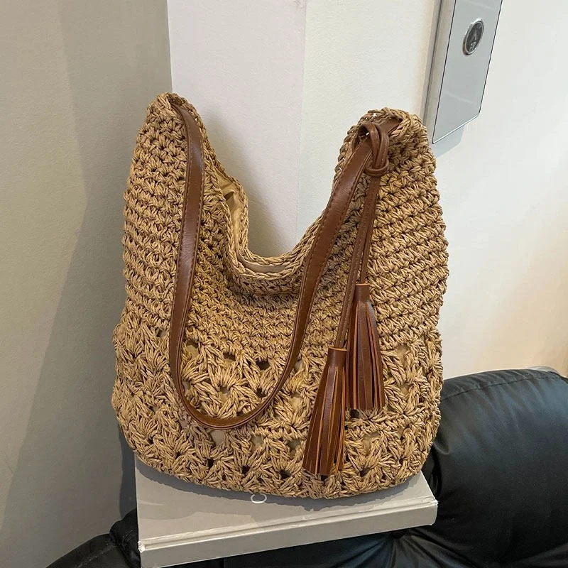 

Beach Vacation Style Woven Large Capacity Shoulder Bag Hollow out Straw Basket Fashionable 2026 New Single Strap Handbag