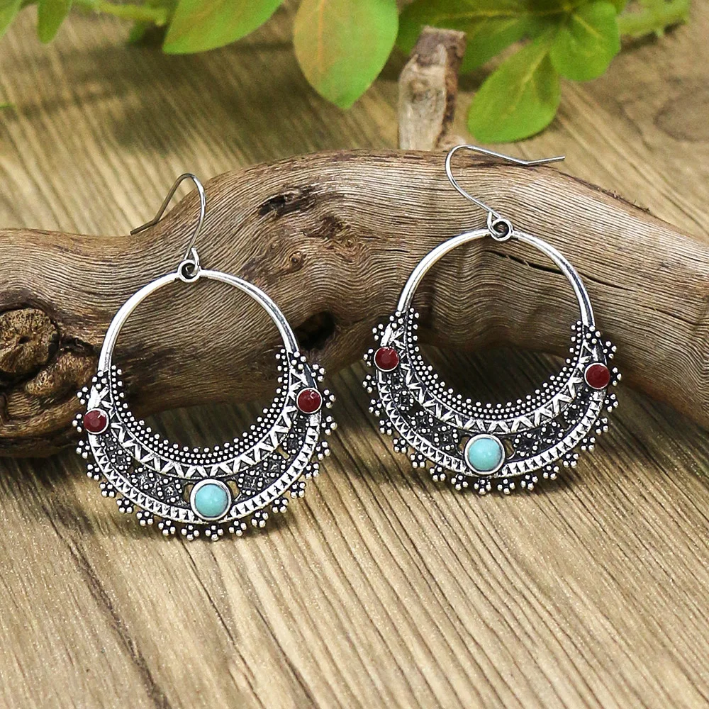 Bohemian Fashion Earrings Alloy Oil Drop Vintage Geometric Round Turquoise Inlaid Exquisite Dot Diamond Ear Jewelry Wholesale