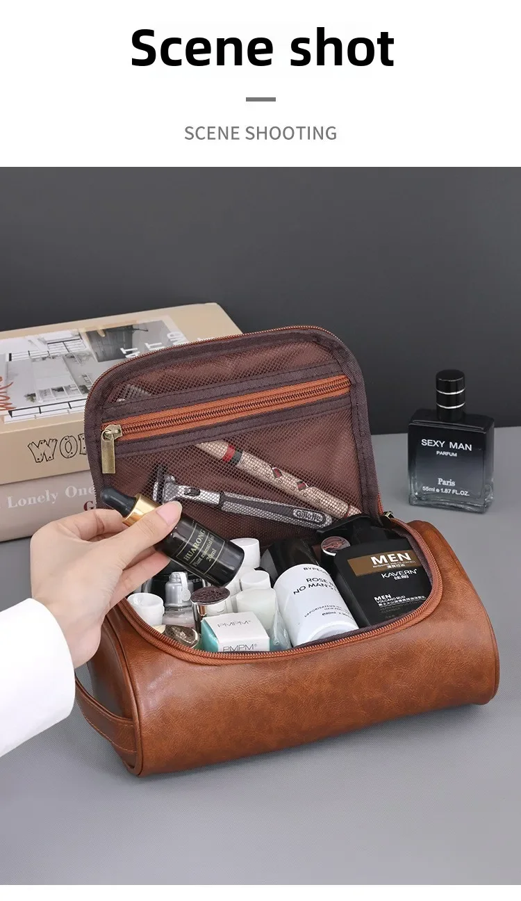 Hohe Qualität Reise Kulturbeutel Für Frauen Männer Retro PU Leder Kosmetik Taschen Weibliche Wasserdichte Reise Make-Up Tasche – Detail 10