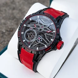 OBLVLO High-end Mechanical Wheels Automatic Watch Black Skeleton Luminous Waterproof Leather Strap Military Watches for Men LMQ
