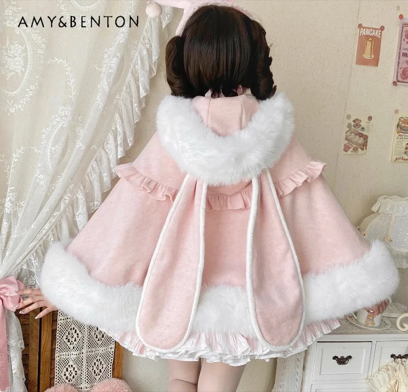 

Japanese Lolita Style Plush Hooded Cute Bunny Ears Bowknot Woolen Cape Shawl Winter New Elegant Temperament Short Coat for Women