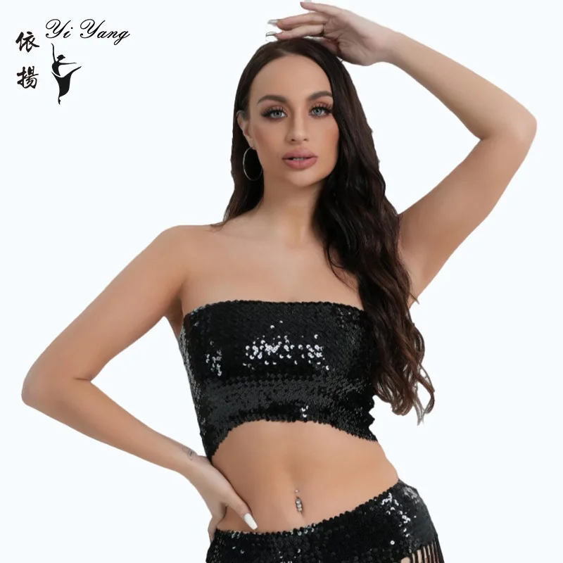 New sequin top up stage dress sexy high stretch bead anti-slip chest wrap for belly dance top woman