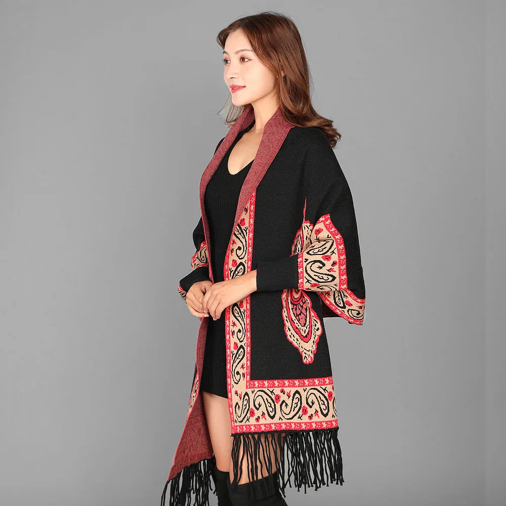 Women Ethic Style Cheongsam Shawl with Sleeve Cashmere Blend Pashmina Female Print Cashew Flower Ponchos Bufanda and Wraps